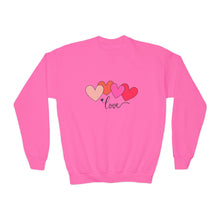 Load image into Gallery viewer, Youth Crewneck Sweatshirt — Pink Heart 'Love' Graphic Valentine's Pullover Family Matching