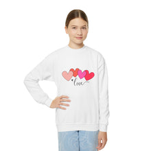 Load image into Gallery viewer, Youth Crewneck Sweatshirt — Pink Heart 'Love' Graphic Valentine's Pullover Family Matching