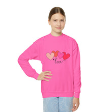 Load image into Gallery viewer, Youth Crewneck Sweatshirt — Pink Heart 'Love' Graphic Valentine's Pullover Family Matching