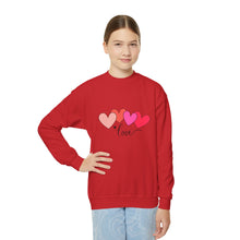 Load image into Gallery viewer, Youth Crewneck Sweatshirt — Pink Heart 'Love' Graphic Valentine's Pullover Family Matching