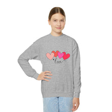 Load image into Gallery viewer, Youth Crewneck Sweatshirt — Pink Heart 'Love' Graphic Valentine's Pullover Family Matching