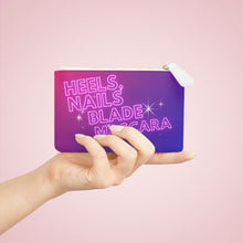 Load image into Gallery viewer, K-pop Demon Hunters Mini Clutch Bag — Neon &quot;Heels, Nails, Blade, Mascara&quot; Cosmetic Zip Pouch
