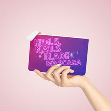 Load image into Gallery viewer, K-pop Demon Hunters Mini Clutch Bag — Neon &quot;Heels, Nails, Blade, Mascara&quot; Cosmetic Zip Pouch
