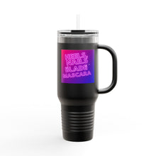 Load image into Gallery viewer, 40oz Insulated Travel Mug — &#39;Heels, Nails, Blade, Mascara&#39; Neon Gradient
