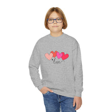 Load image into Gallery viewer, Youth Crewneck Sweatshirt — Pink Heart 'Love' Graphic Valentine's Pullover Family Matching
