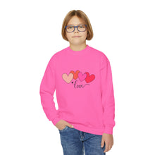 Load image into Gallery viewer, Youth Crewneck Sweatshirt — Pink Heart 'Love' Graphic Valentine's Pullover Family Matching
