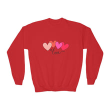 Load image into Gallery viewer, Youth Crewneck Sweatshirt — Pink Heart 'Love' Graphic Valentine's Pullover Family Matching
