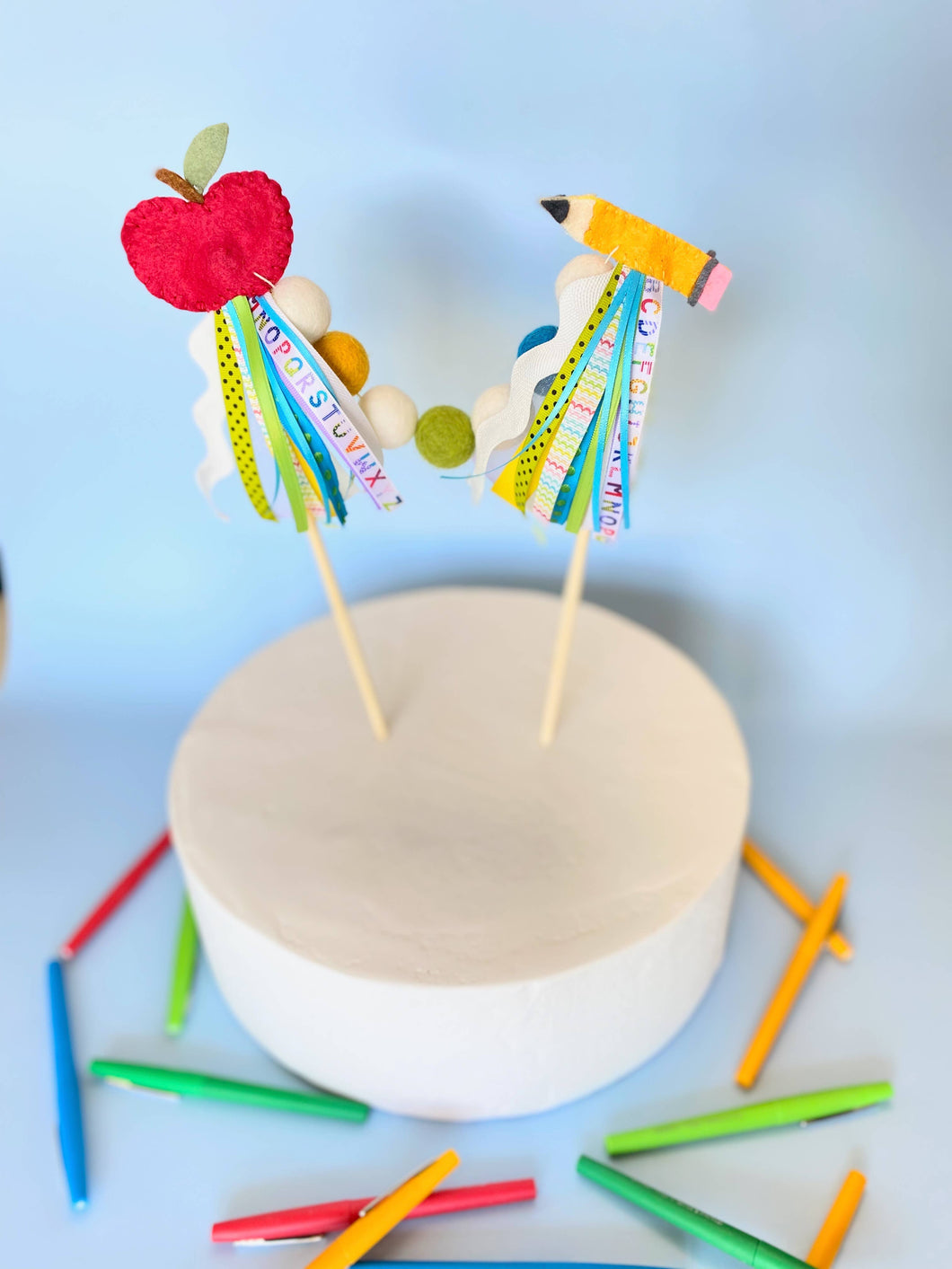 School Days Cake Topper - Felt Ball Apple & Pencil Decor
