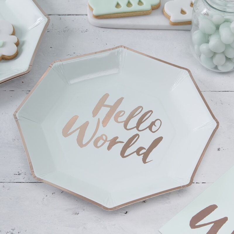 Baby Shower Plates - Hello World - Mint & Rose Gold - Lemonade Party Box