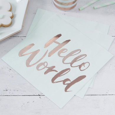 Baby Shower Napkins - Hello World - Mint & Rose Gold - Lemonade Party Box